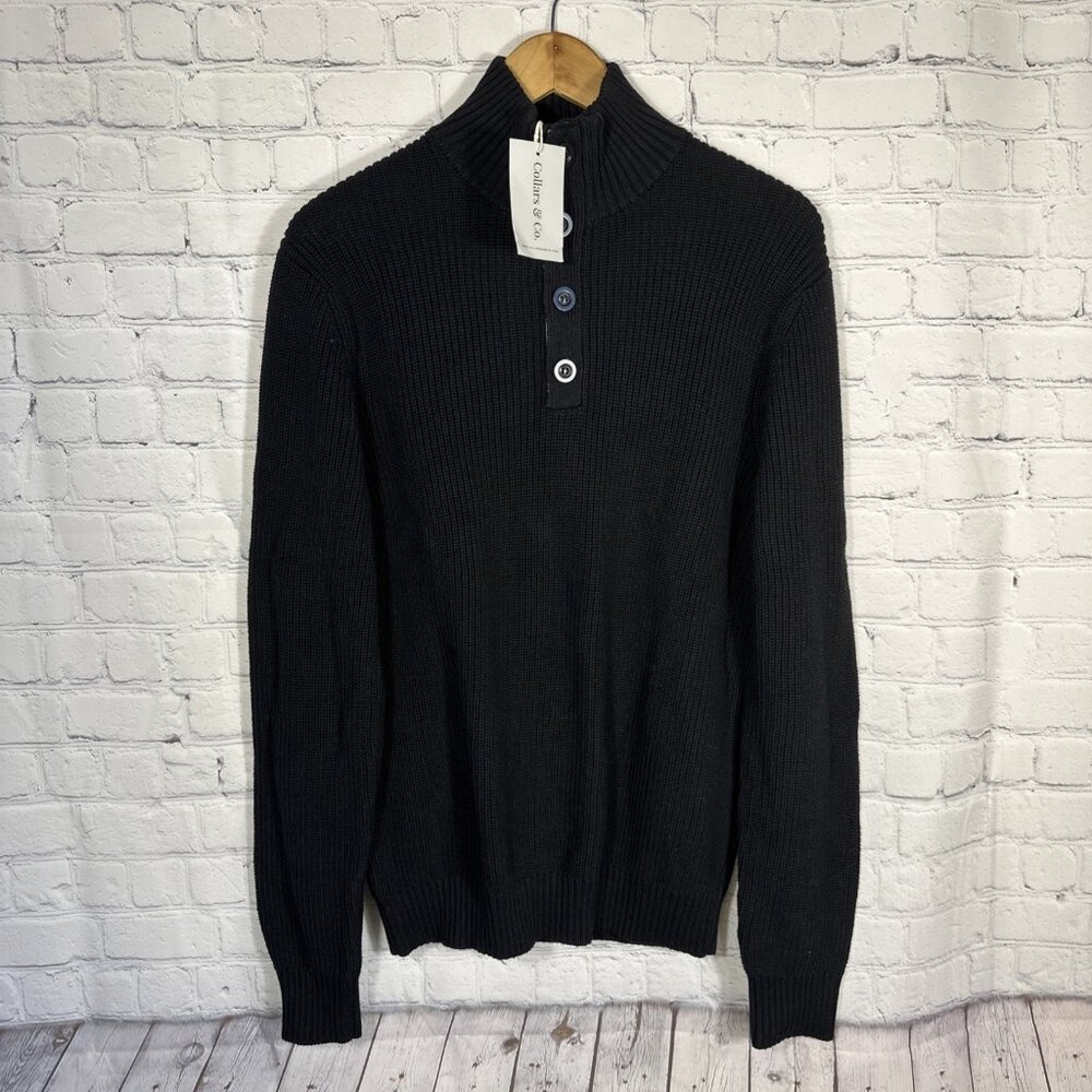 NEW Collars & Co‎ Sweater Mens Medium Black  Kennebunkport Pullover 1/4 Button